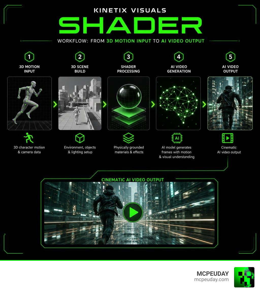 Kinetix Visuals SHADER workflow from 3D motion input to AI video output infographic infographic Kinetix Visuals SHADER workflow from 3D motion input to AI video output infographic infographic