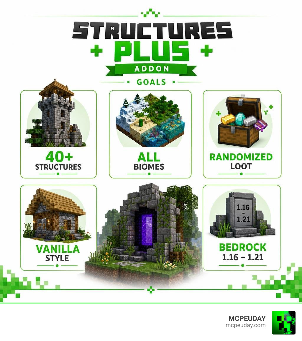 Infographic showing Structures Plus Addon goals: 40+ structures, all biomes, randomized loot, vanilla style, Bedrock Infographic showing Structures Plus Addon goals: 40+ structures, all biomes, randomized loot, vanilla style, Bedrock