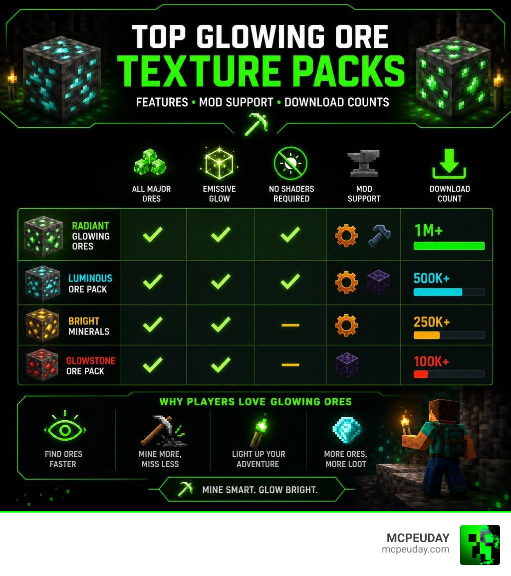 Comparison infographic of top glowing ore texture packs showing features, mod support, and download counts infographic Comparison infographic of top glowing ore texture packs showing features, mod support, and download counts infographic