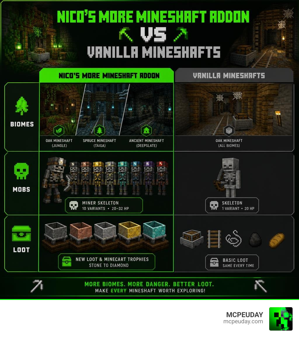 Nico's More Mineshaft Addon vs vanilla mineshafts infographic showing biomes mobs and loot differences infographic Nico's More Mineshaft Addon vs vanilla mineshafts infographic showing biomes mobs and loot differences infographic