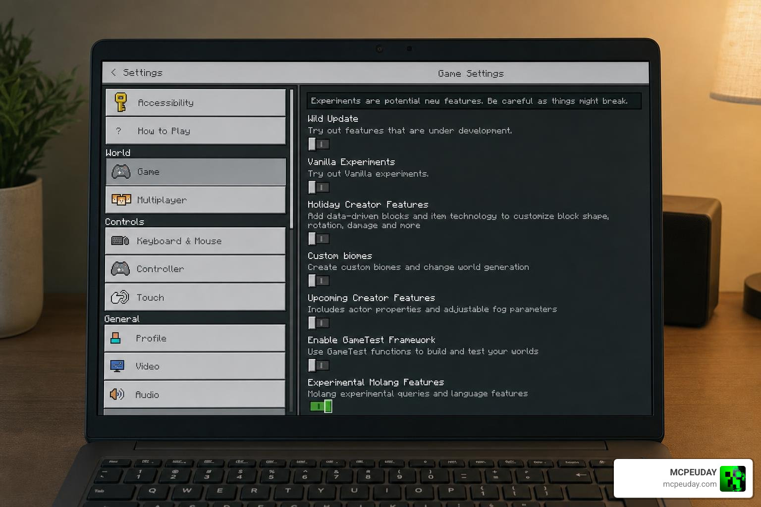 Minecraft Bedrock experimental settings menu setup for custom addons Minecraft Bedrock experimental settings menu setup for custom addons