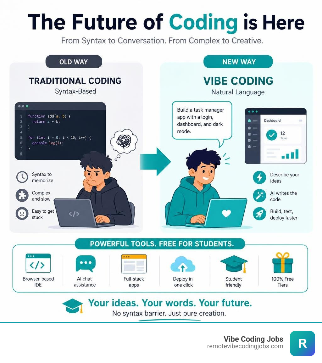 Infographic showing shift from traditional syntax-based coding to natural language vibe coding with free student tools