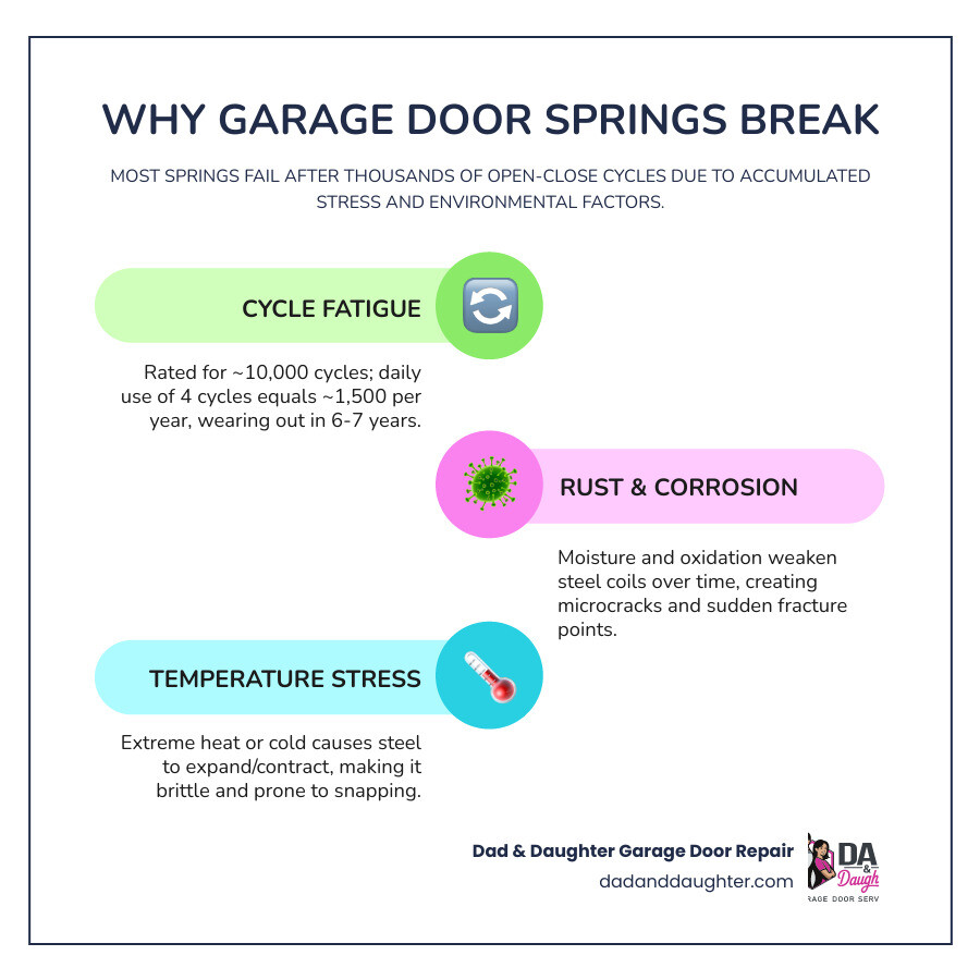 Infographic showing garage door spring lifespan cycle counts, failure causes, and usage frequency breakdown infographic