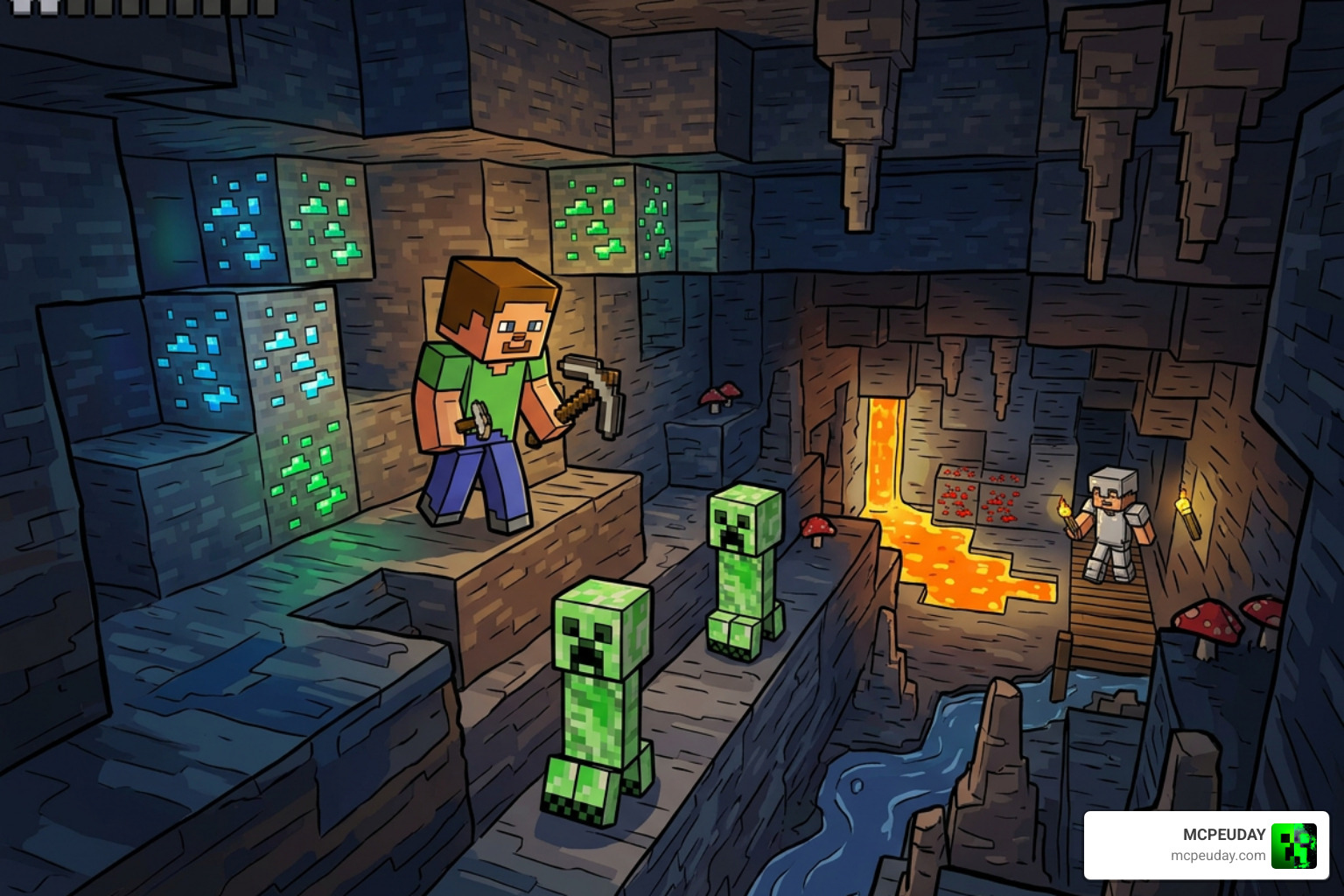 Grafika Shader cartoon outlines and glowing ores in a dark cave Grafika Shader cartoon outlines and glowing ores in a dark cave