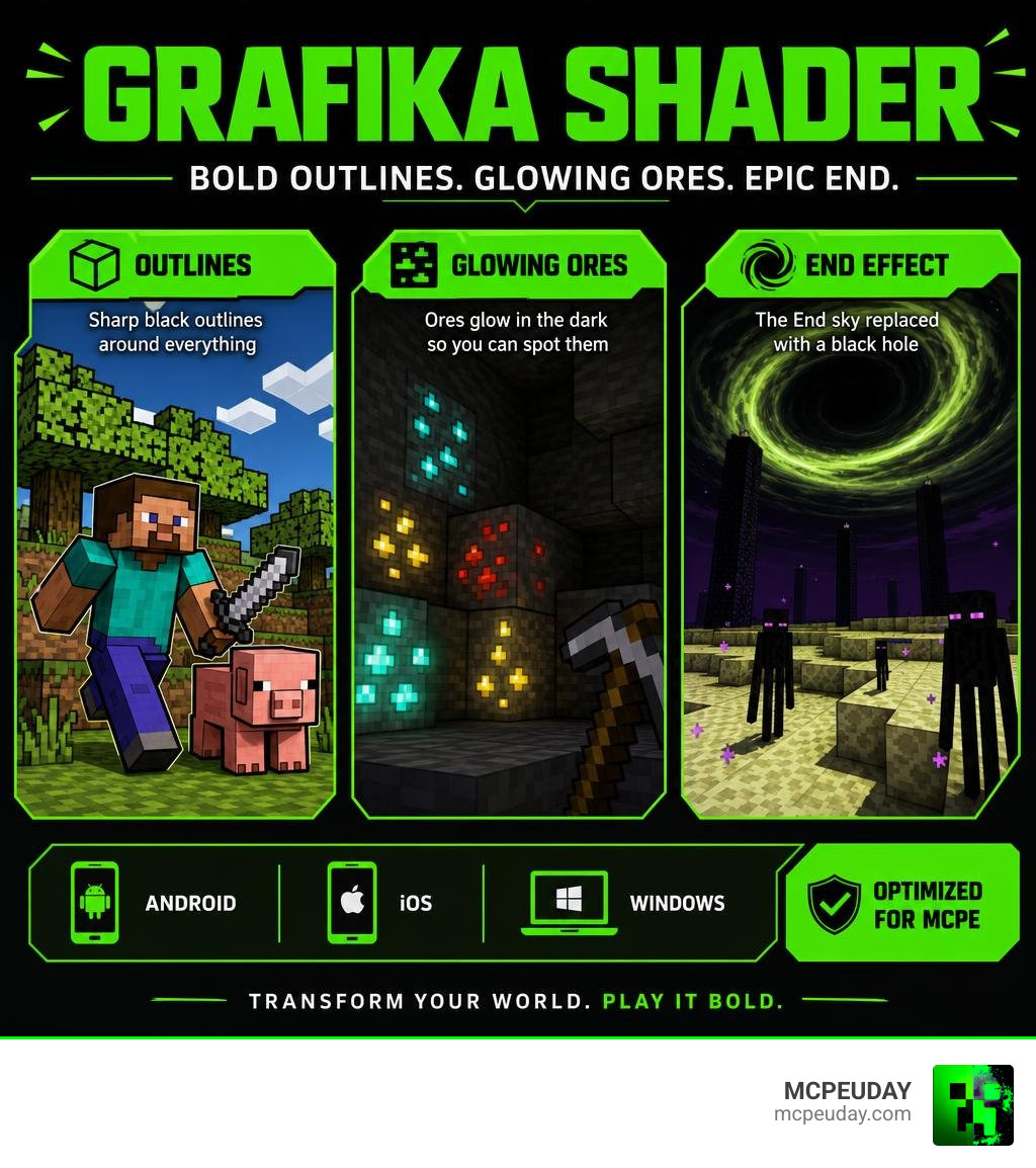 Infographic showing how Grafika Shader modifies Minecraft PE graphics with outlines, glowing ores, and End effects Infographic showing how Grafika Shader modifies Minecraft PE graphics with outlines, glowing ores, and End effects