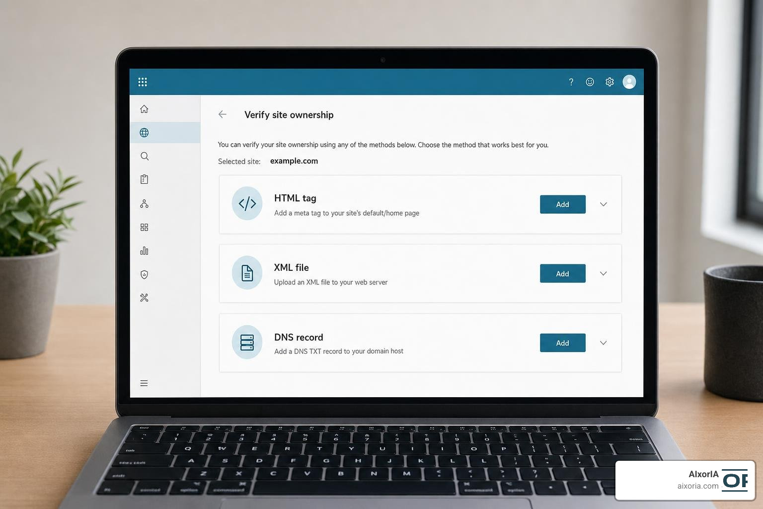 Site verification options in the dashboard