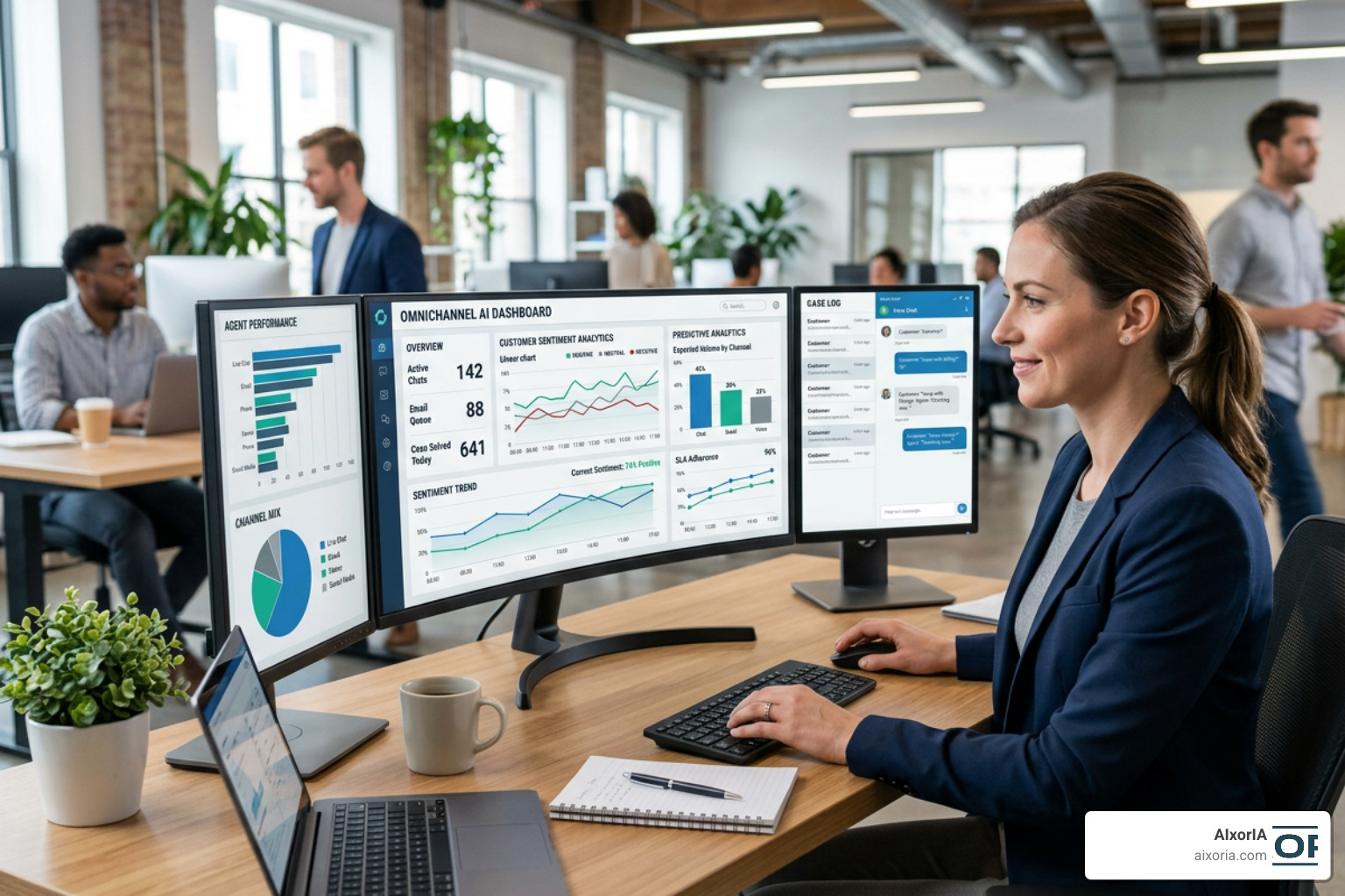 Omnichannel AI workspace showing sentiment analysis and predictive analytics