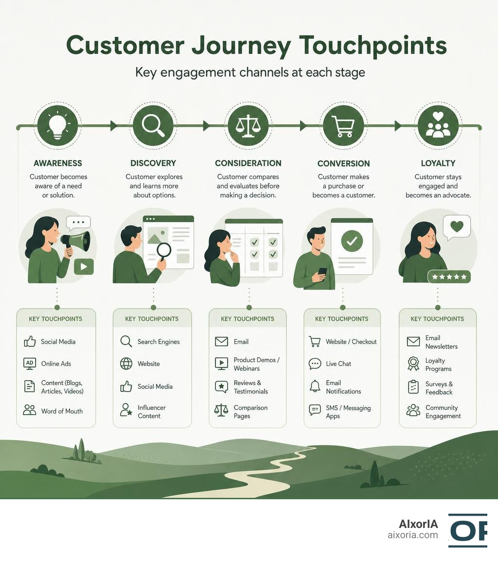 Customer journey touchpoints infographic showing awareness, discovery, consideration, conversion, and loyalty stages with