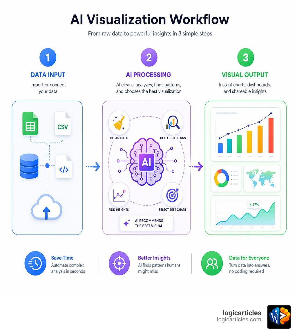 AI visualization workflow showing data input, AI processing, and chart output steps infographic AI visualization workflow showing data input, AI processing, and chart output steps infographic