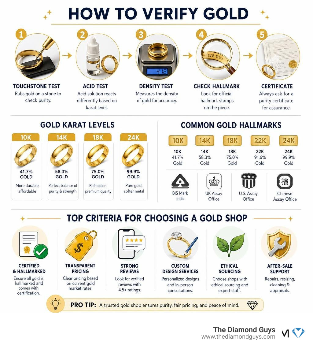 Infographic showing how to verify gold purity, karat levels, hallmarks, and top criteria for choosing a gold shop infographic Infographic showing how to verify gold purity, karat levels, hallmarks, and top criteria for choosing a gold shop infographic