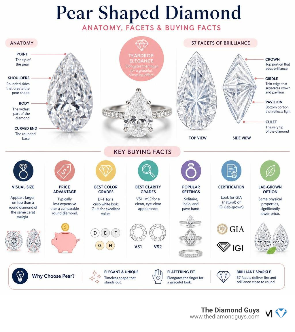 Infographic showing anatomy and facets of a pear-shaped diamond with key buying facts infographic Infographic showing anatomy and facets of a pear-shaped diamond with key buying facts infographic
