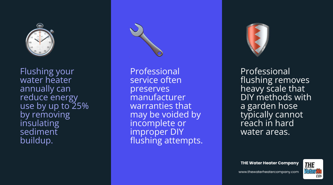 DIY vs professional water heater flushing comparison infographic showing key differences in cost, time, tools, and when to DIY vs professional water heater flushing comparison infographic showing key differences in cost, time, tools, and when to