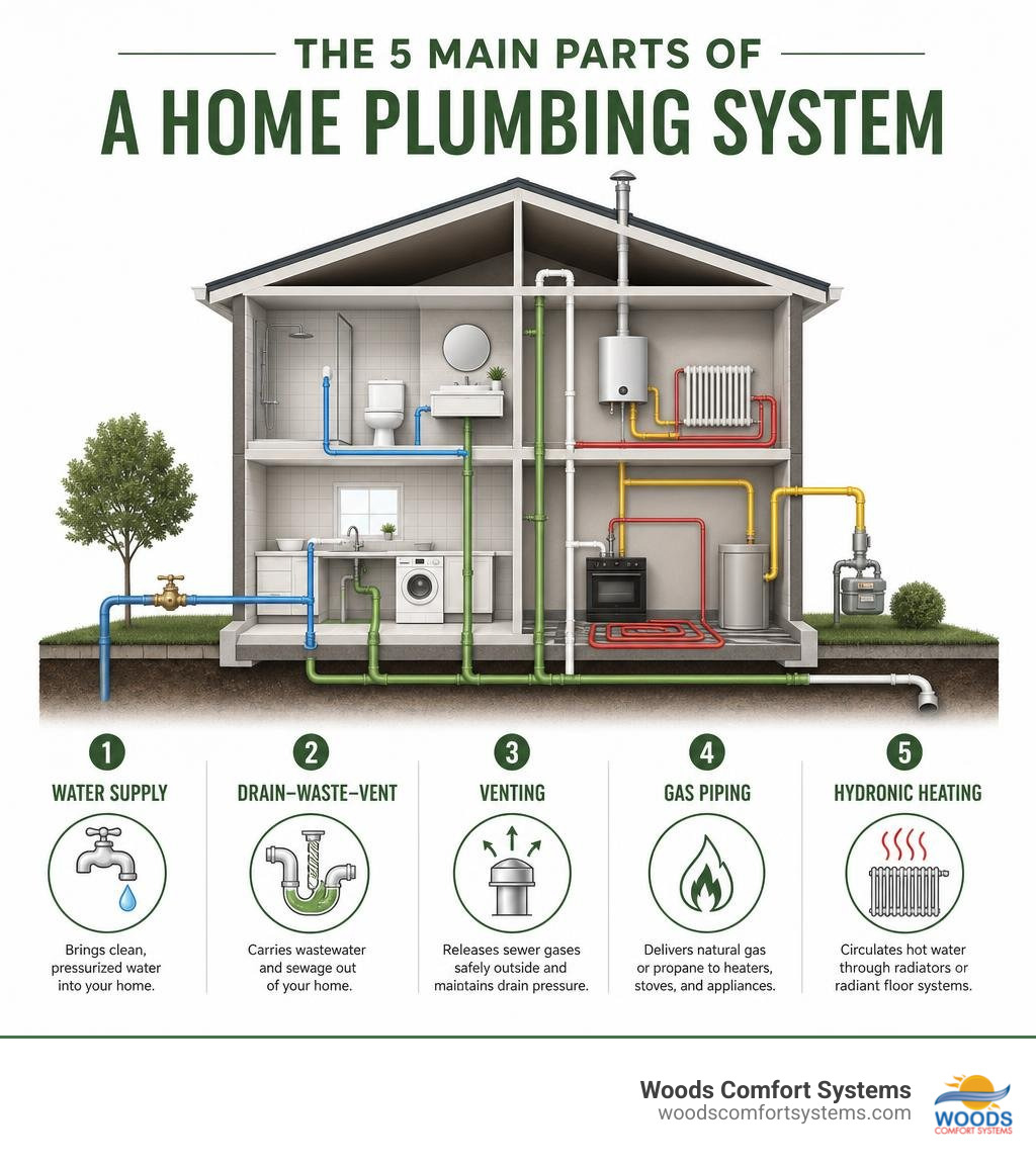 Infographic showing the five main parts of a home plumbing system with water supply, drain-waste-vent, venting, gas piping Infographic showing the five main parts of a home plumbing system with water supply, drain-waste-vent, venting, gas piping