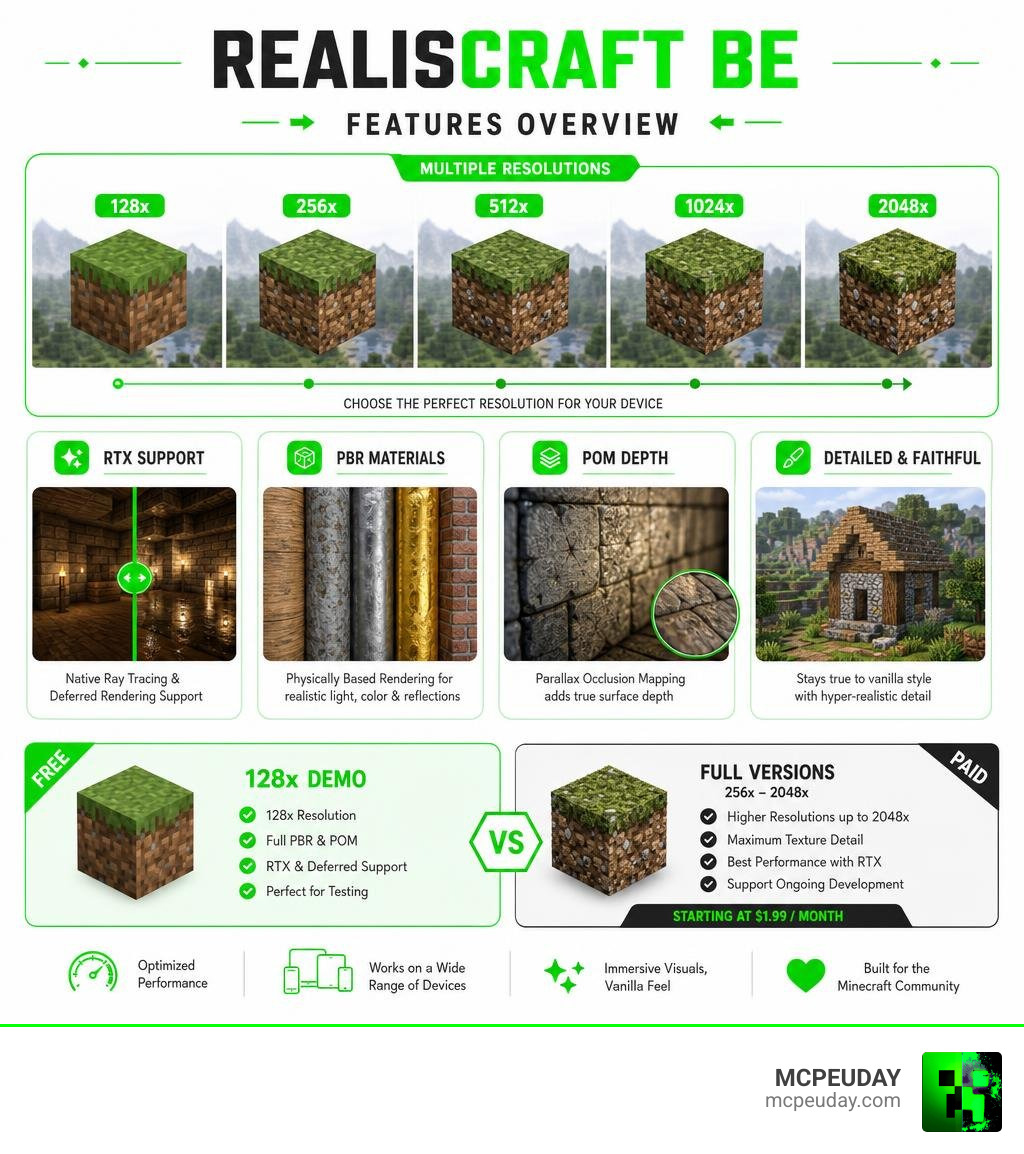 RealisCraft BE features overview infographic: resolutions, RTX support, PBR, POM, free demo vs paid infographic