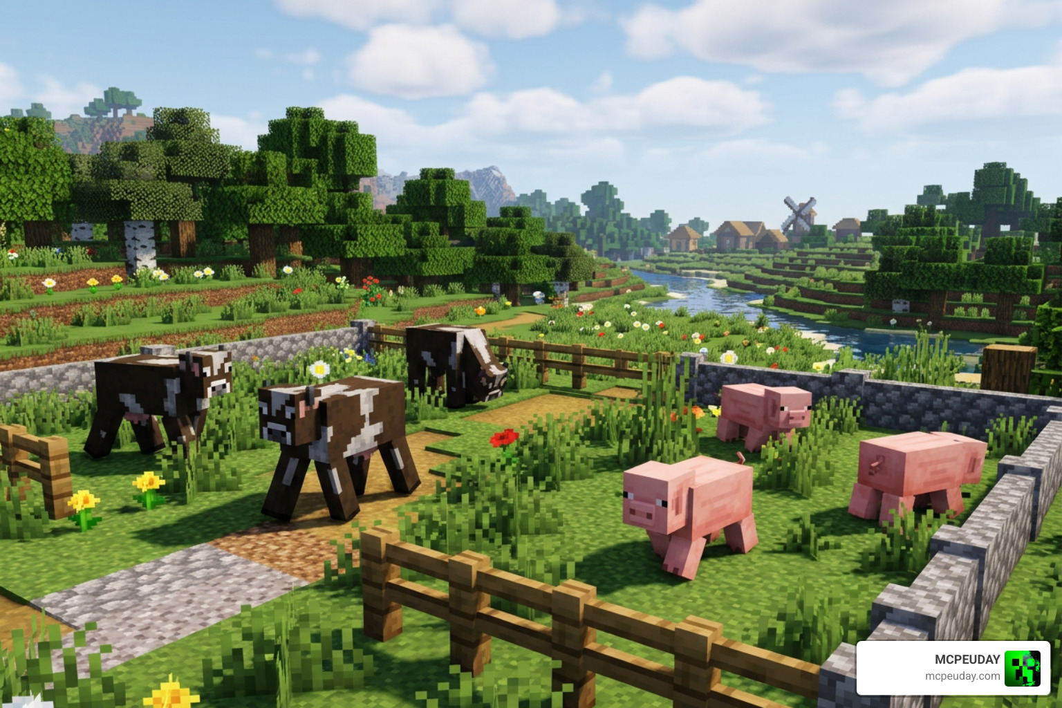 Animated cows and pigs wandering around a Minecraft pasture with realistic idle movements Animated cows and pigs wandering around a Minecraft pasture with realistic idle movements