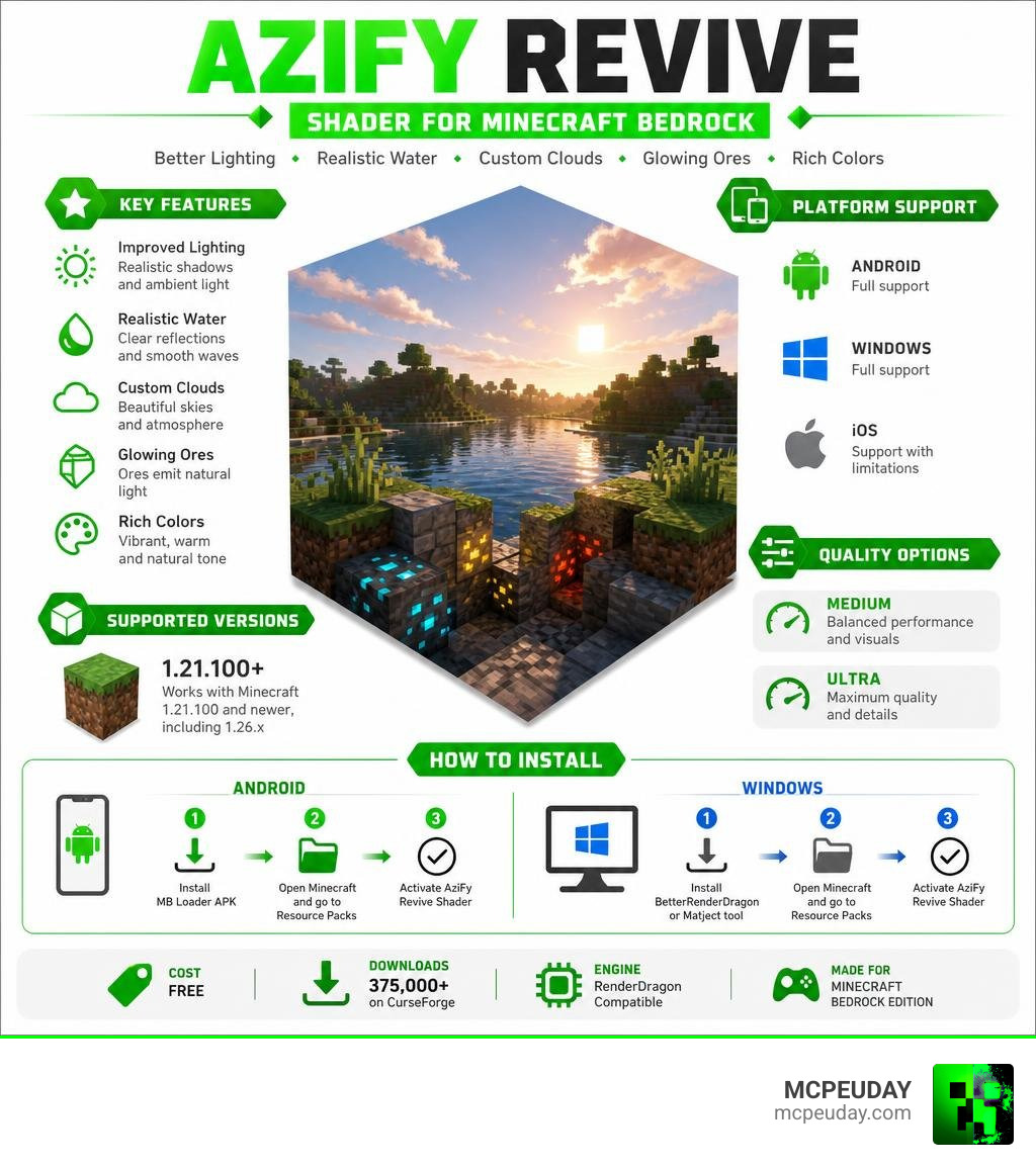 Infographic showing AziFy Revive Shader features platform support versions and installation methods for Minecraft Bedrock Infographic showing AziFy Revive Shader features platform support versions and installation methods for Minecraft Bedrock