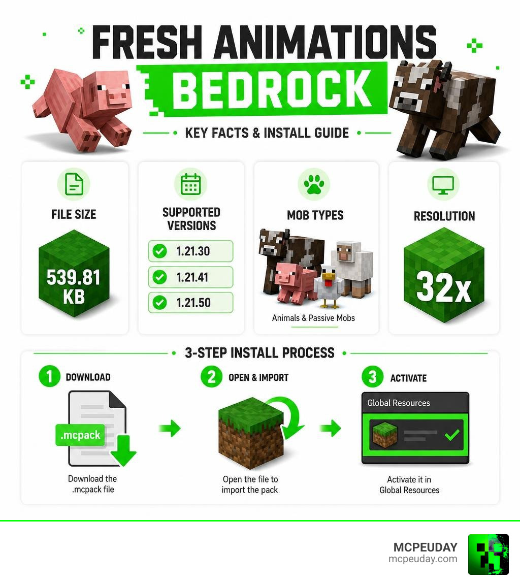 Infographic showing Fresh Animations Bedrock key facts: file size, supported versions, mob types, and 3-step install process Infographic showing Fresh Animations Bedrock key facts: file size, supported versions, mob types, and 3-step install process