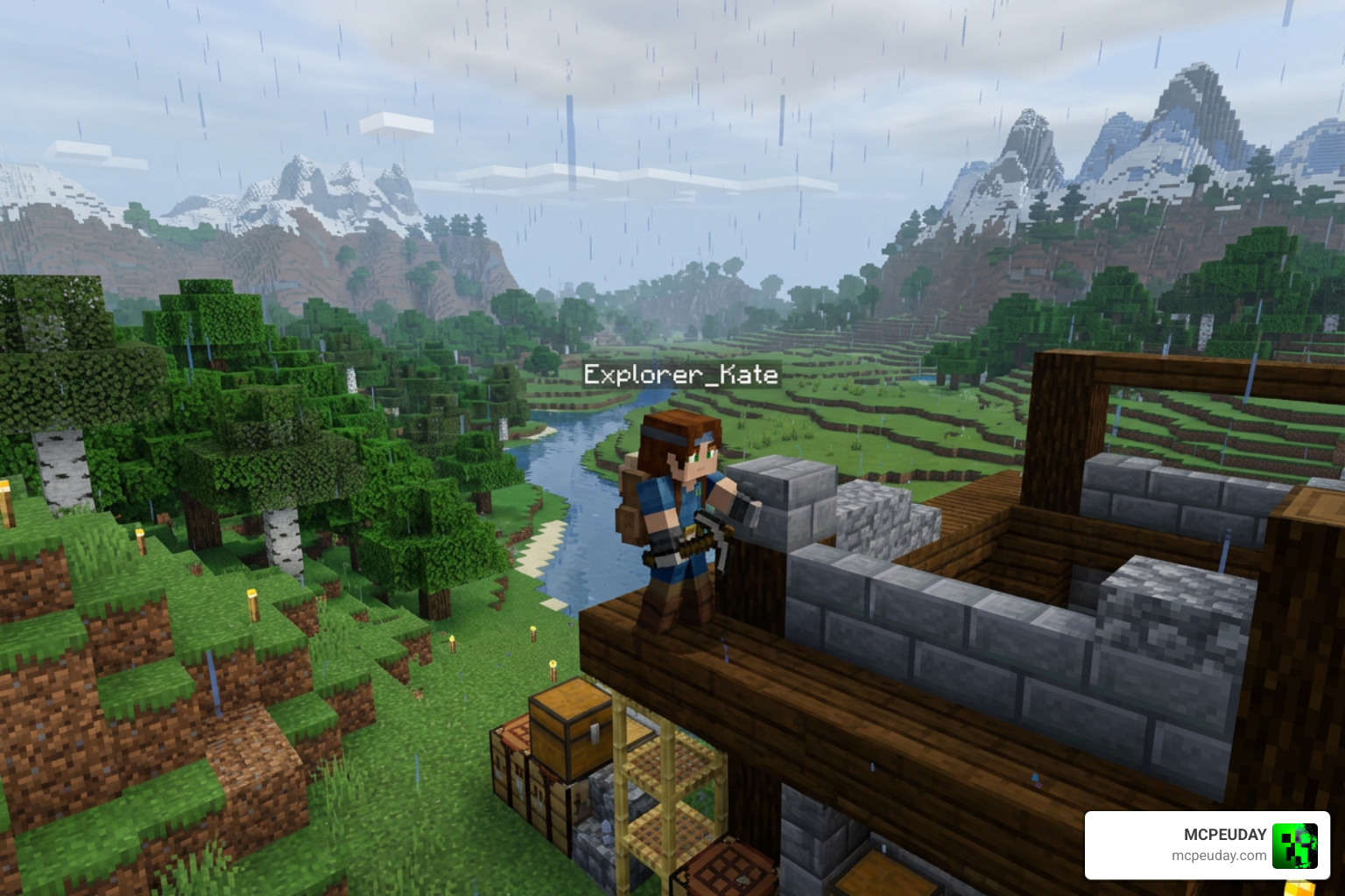 Clear rain effects showing improved visibility in Minecraft Bedrock