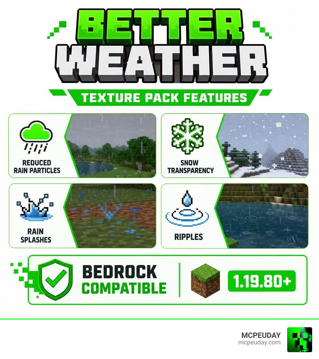 Infographic showing Better Weather Texture Pack features: reduced rain particles, snow transparency, rain splashes, ripples