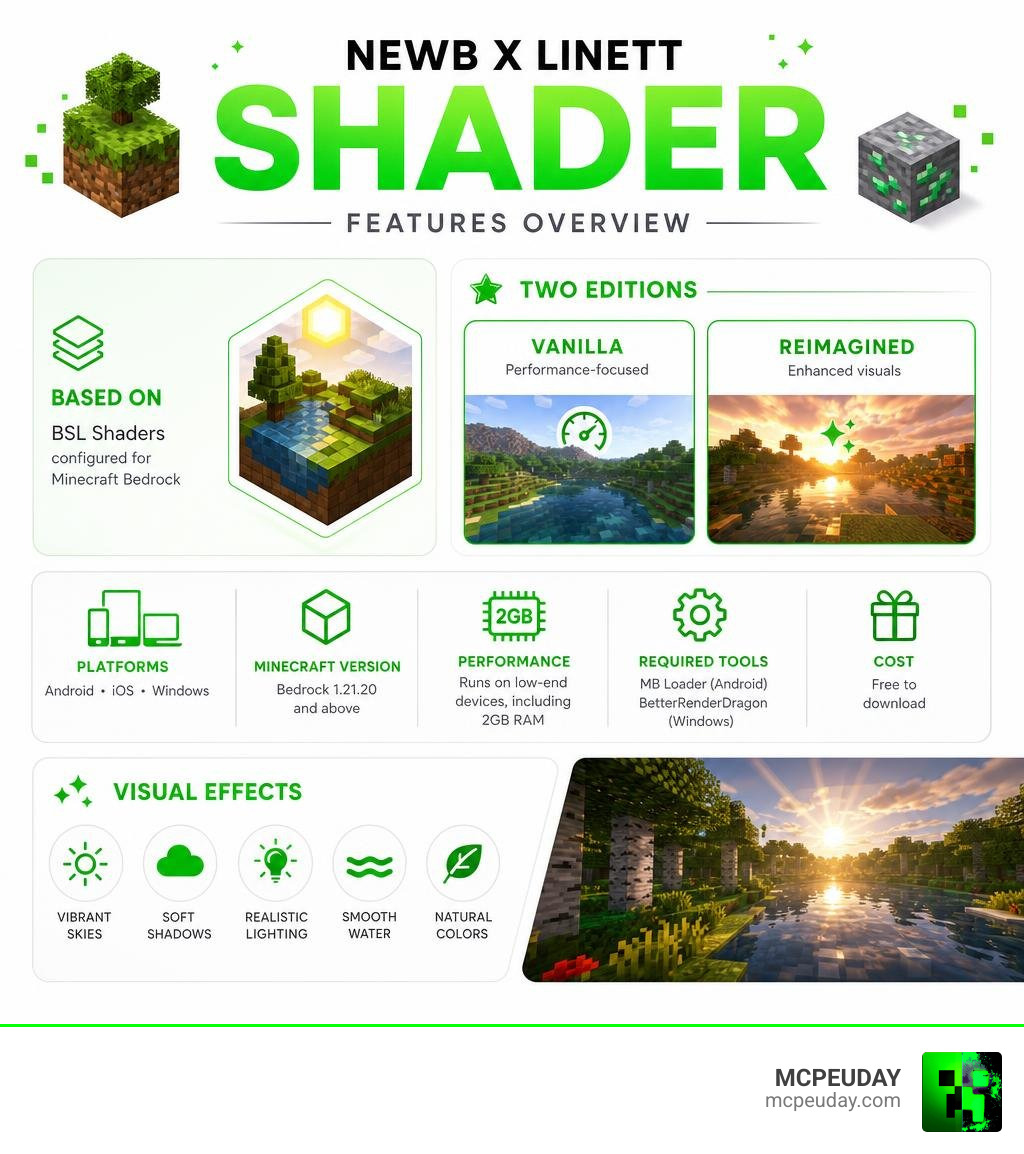 Newb X Linett SHADER features overview infographic with editions, platforms, and visual effects infographic Newb X Linett SHADER features overview infographic with editions, platforms, and visual effects infographic