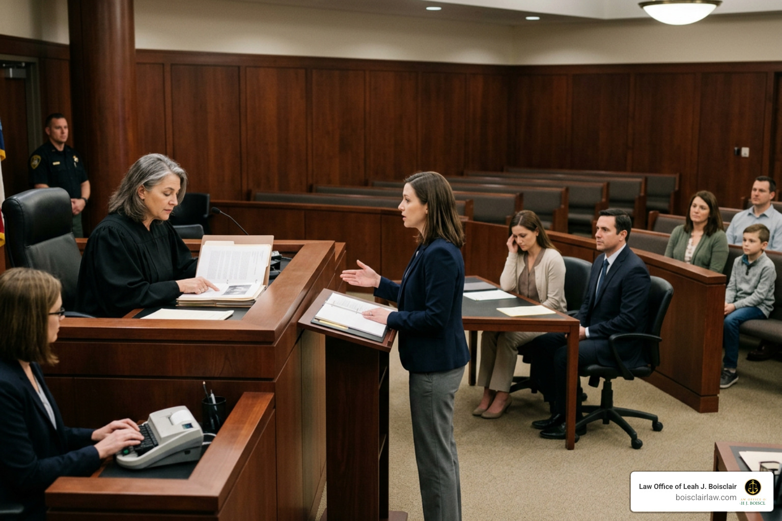 A family court scene where a judge reviews evidence of domestic abuse to protect child safety