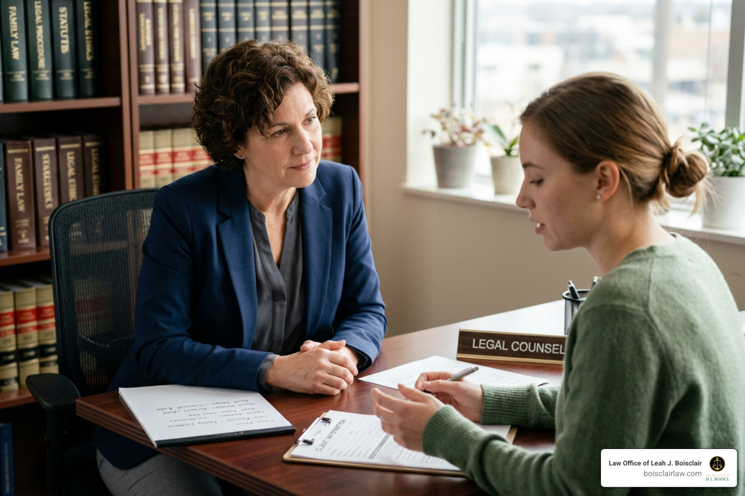 A domestic abuse divorce attorney providing a safe, confidential legal consultation to a client