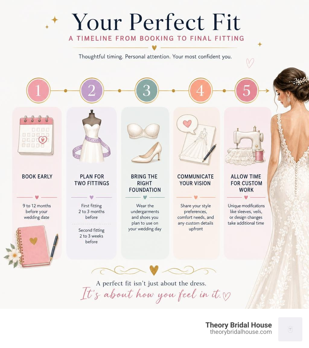 Timeline infographic for achieving a perfect bridal gown fit from booking to final fitting infographic