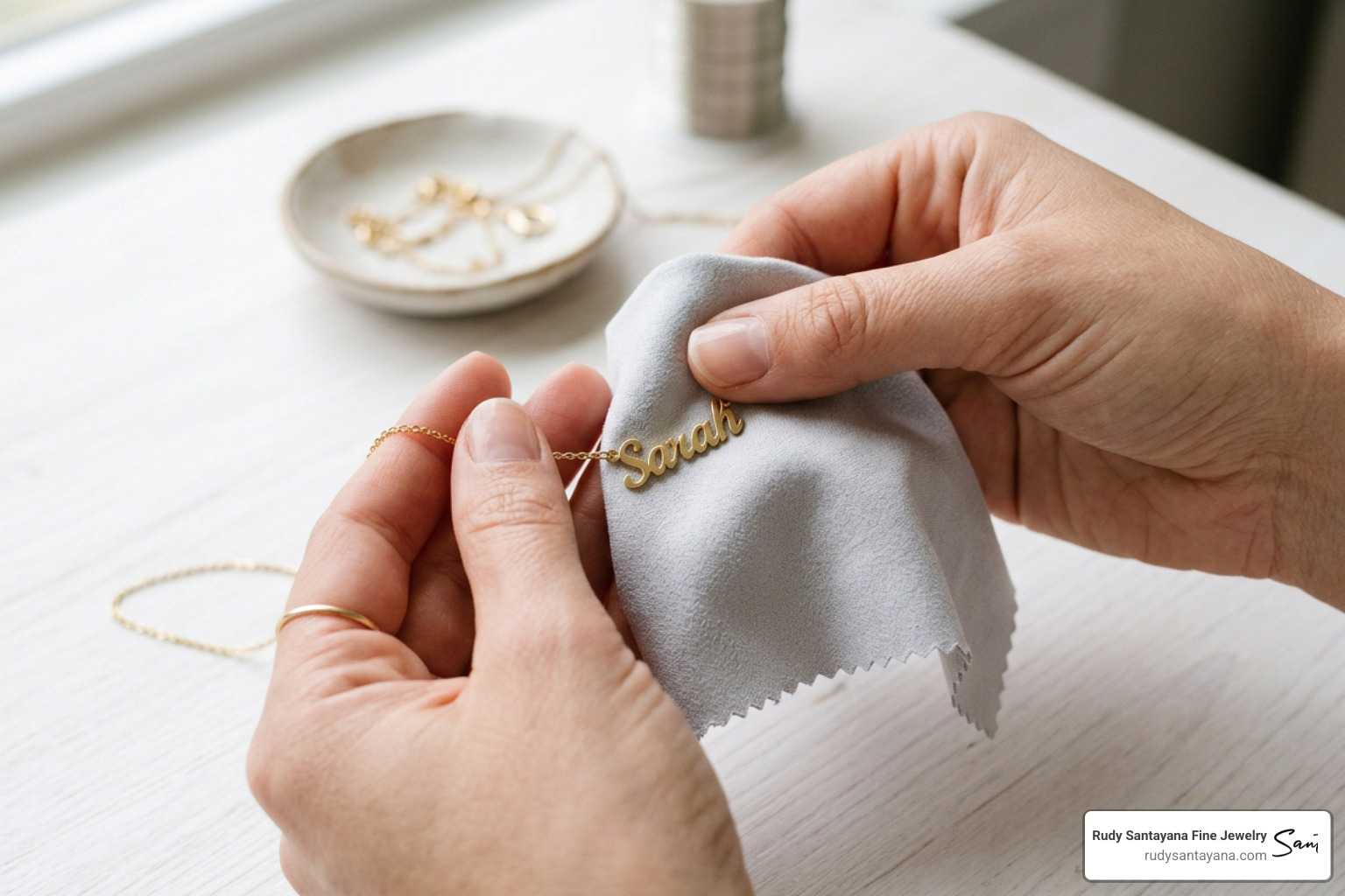 A gentle jewelry cleaning process showing a gold necklace being polished