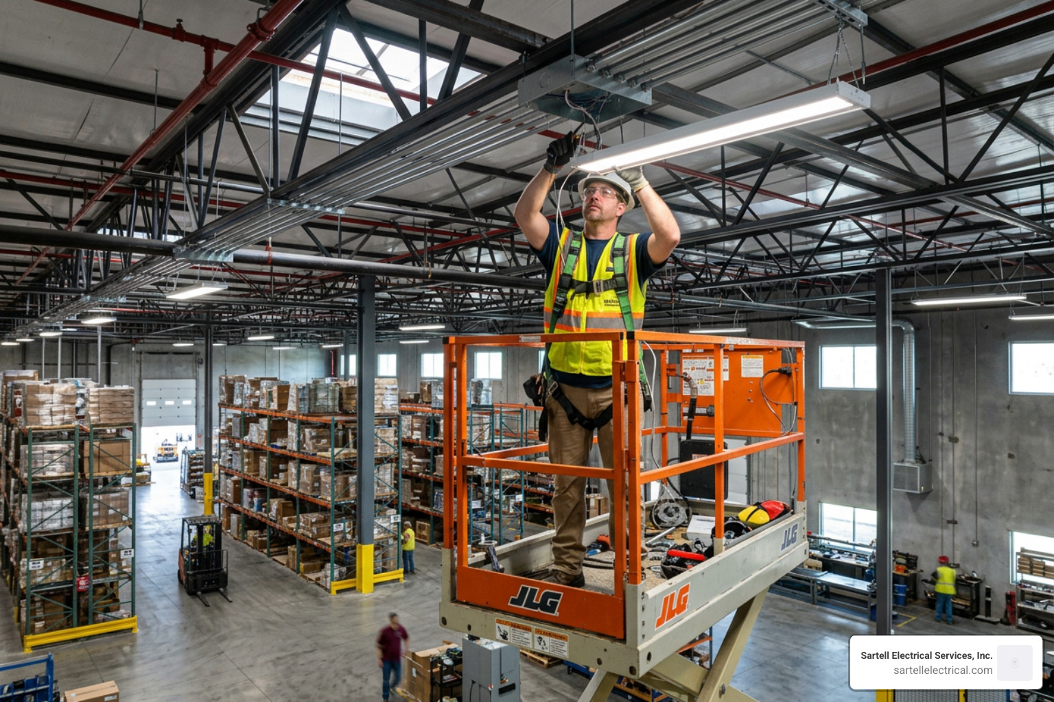 Commercial electrician installing modern energy-efficient fixtures in a high-ceiling facility Commercial electrician installing modern energy-efficient fixtures in a high-ceiling facility