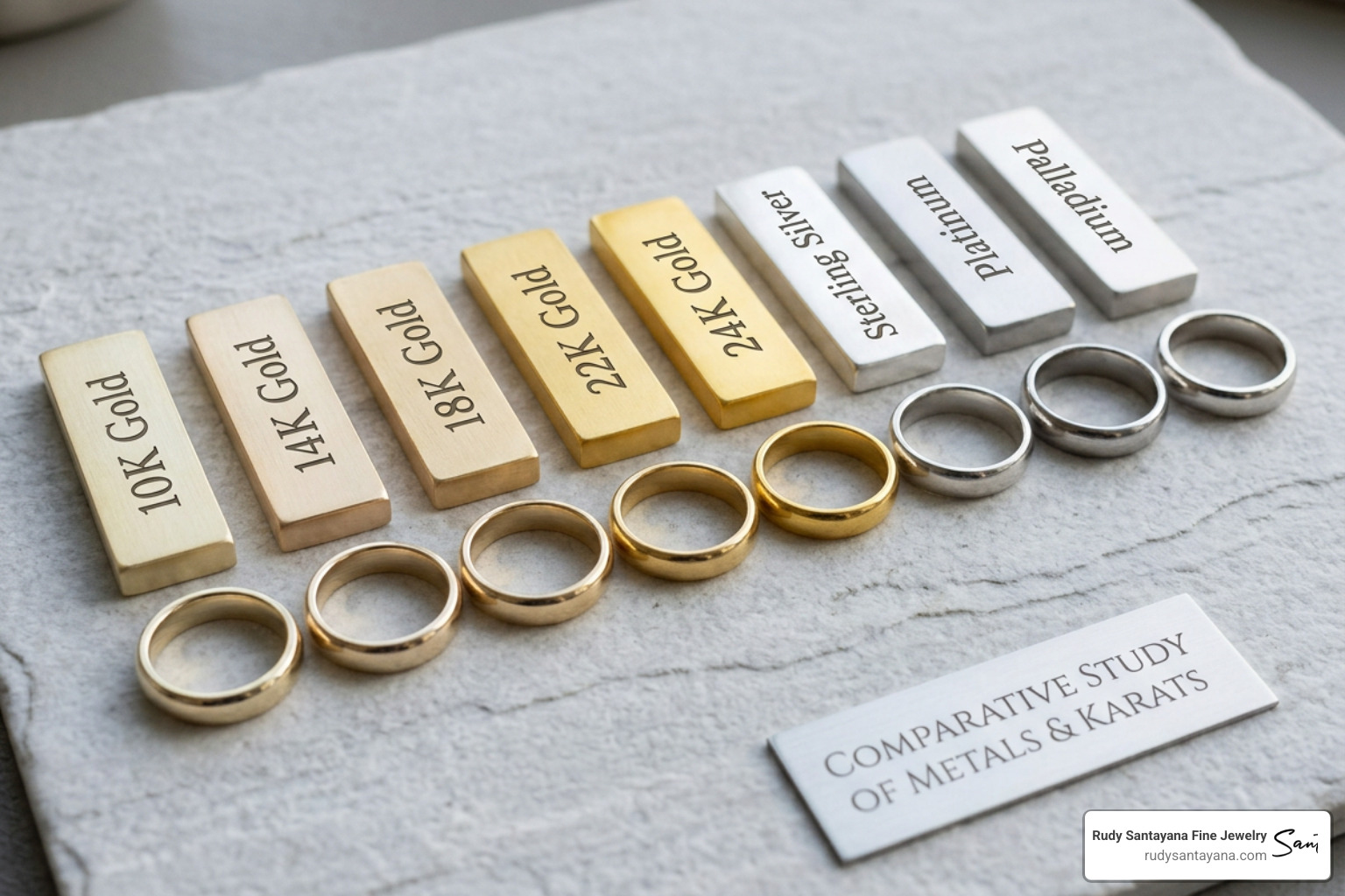 Different gold karats and metals side-by-side