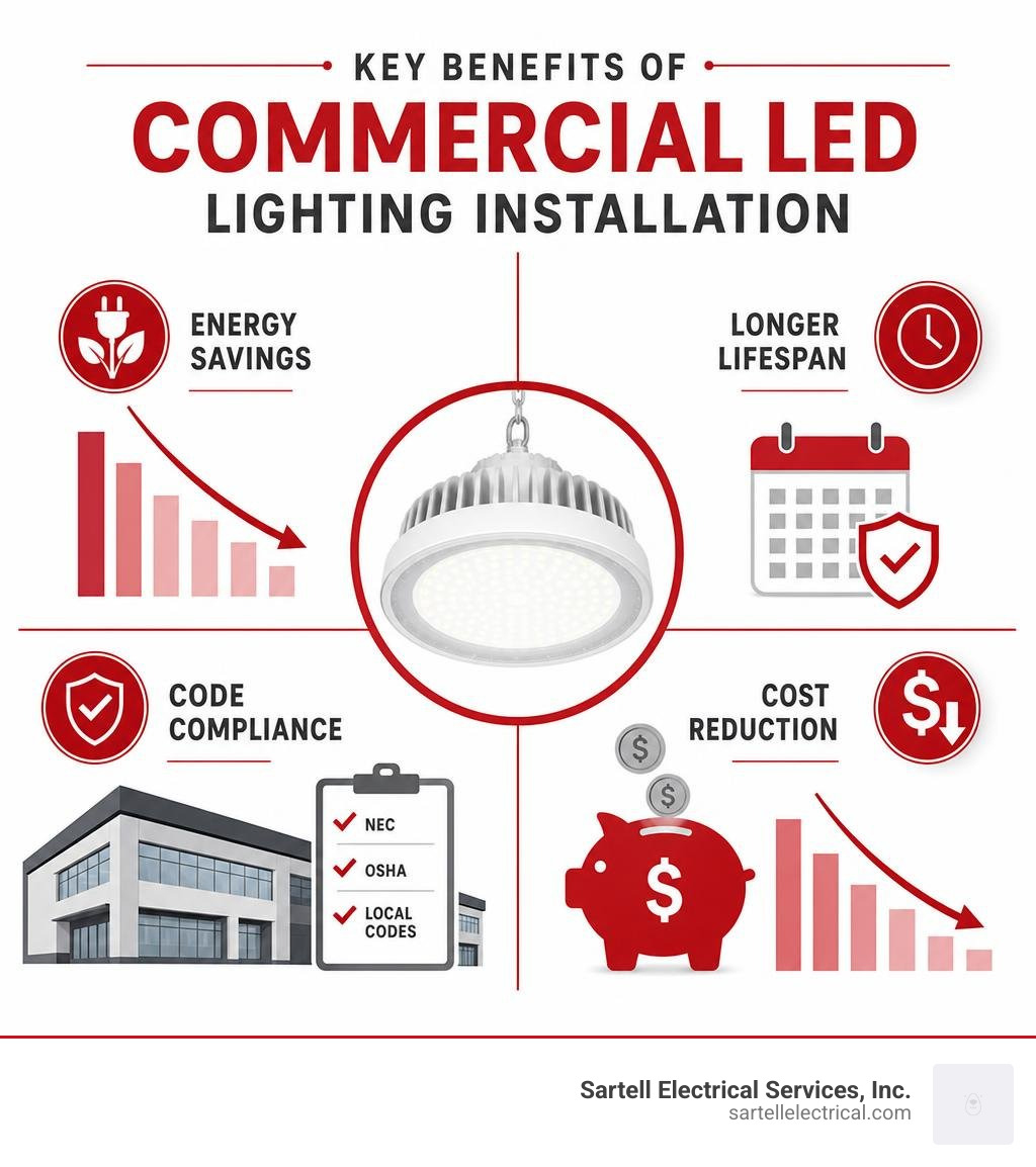 Infographic showing key benefits of commercial LED lighting installation including energy savings, lifespan, compliance, and Infographic showing key benefits of commercial LED lighting installation including energy savings, lifespan, compliance, and