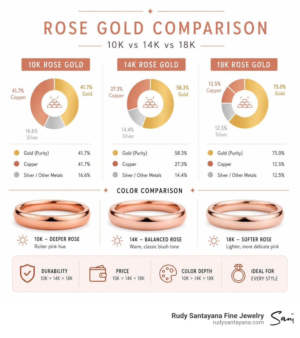 Infographic showing rose gold alloy composition: 14k vs 10k vs 18k gold purity, copper content, and color comparison