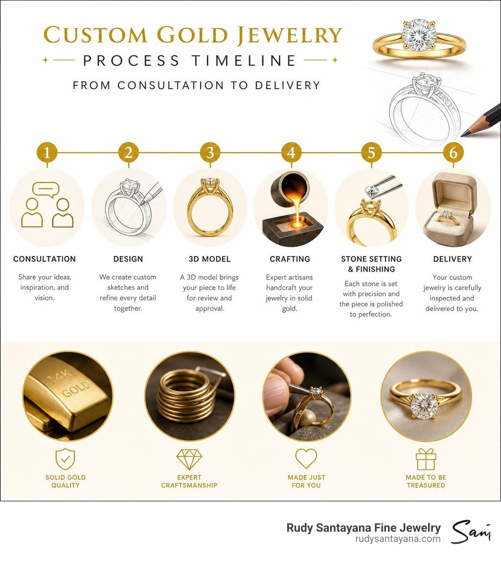 Custom gold jewelry process timeline from consultation to delivery infographic Custom gold jewelry process timeline from consultation to delivery infographic