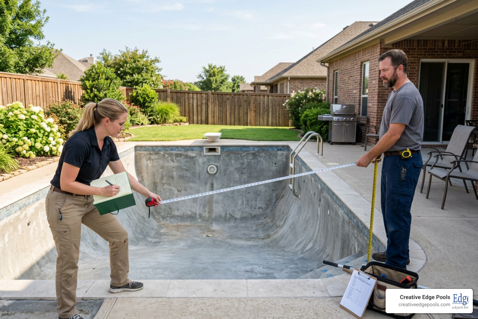 professionals measuring an inground pool for a custom liner
