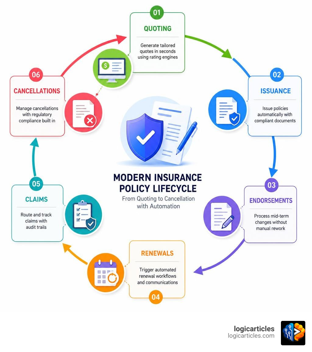 Modern insurance policy lifecycle from quoting to cancellation with automation stages infographic