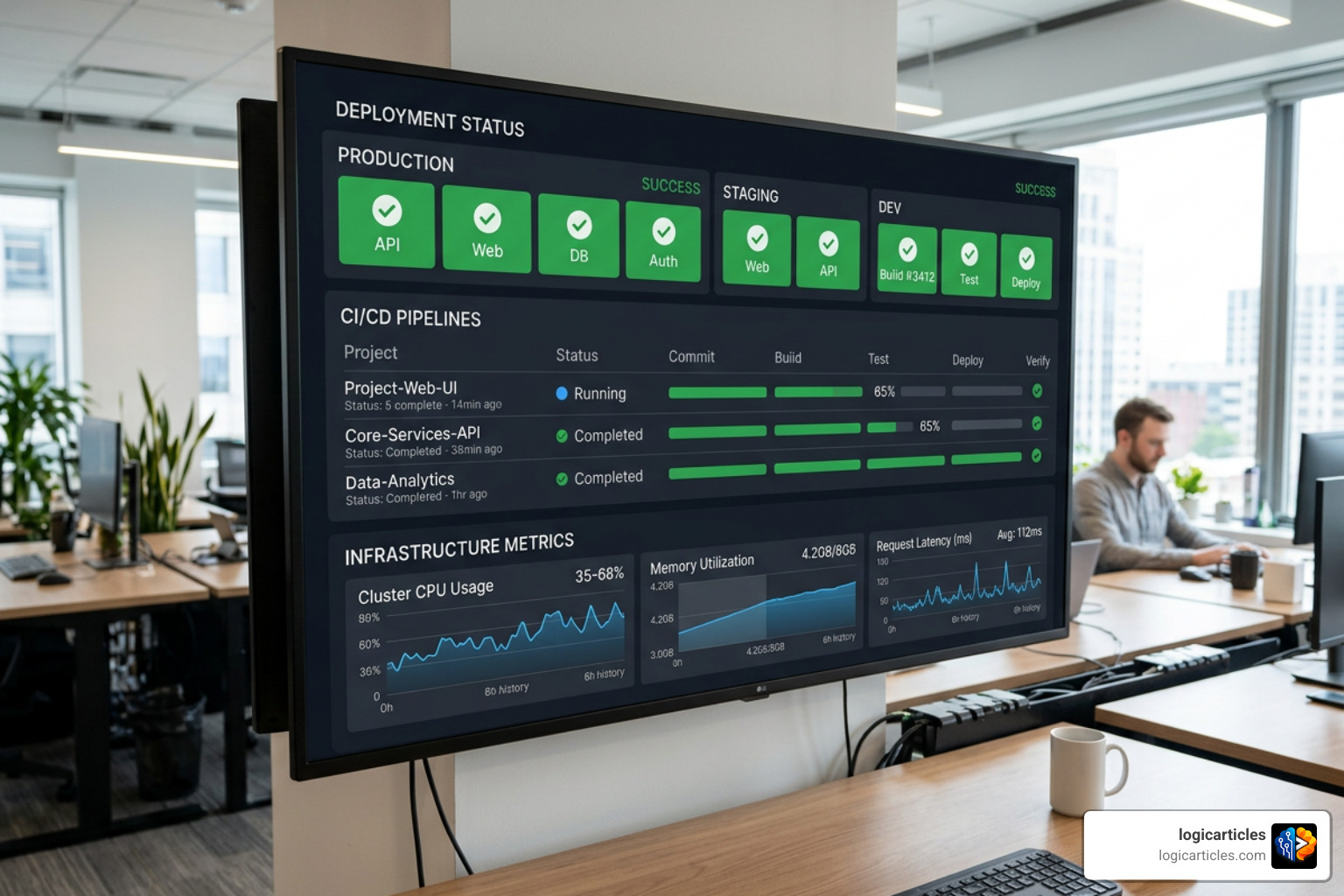 DevOps pipeline automation dashboard showing deployment status DevOps pipeline automation dashboard showing deployment status