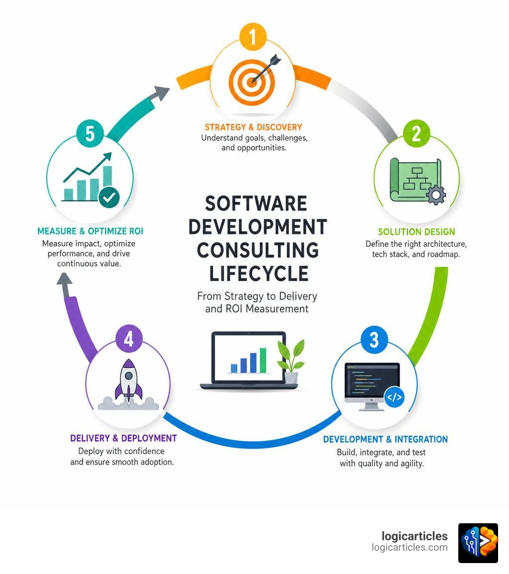 Software development consulting lifecycle from strategy to delivery and ROI measurement infographic Software development consulting lifecycle from strategy to delivery and ROI measurement infographic