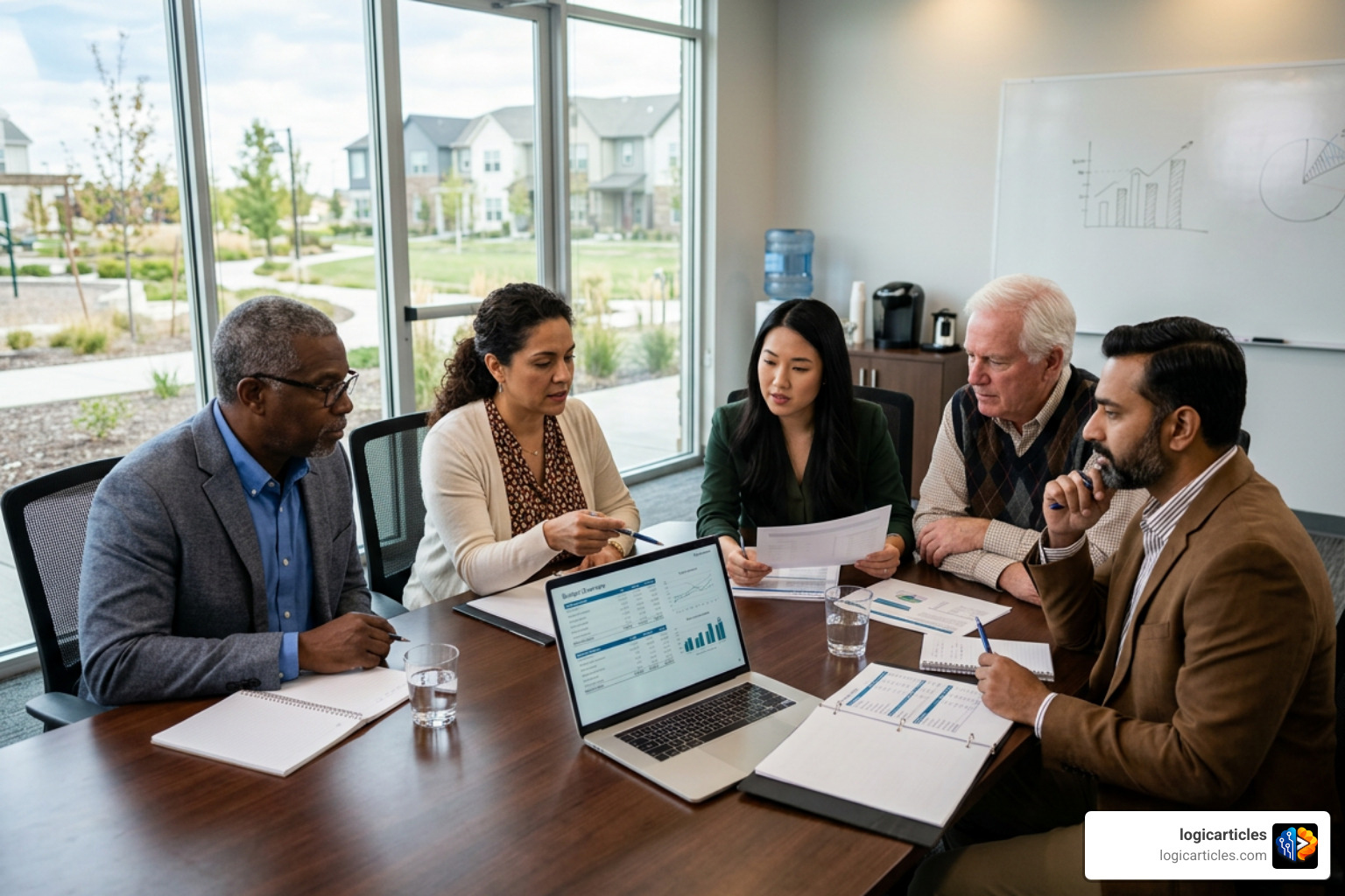 Board members reviewing financial reports on a laptop