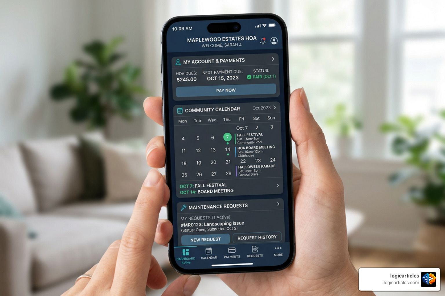 Mobile app dashboard for HOA residents