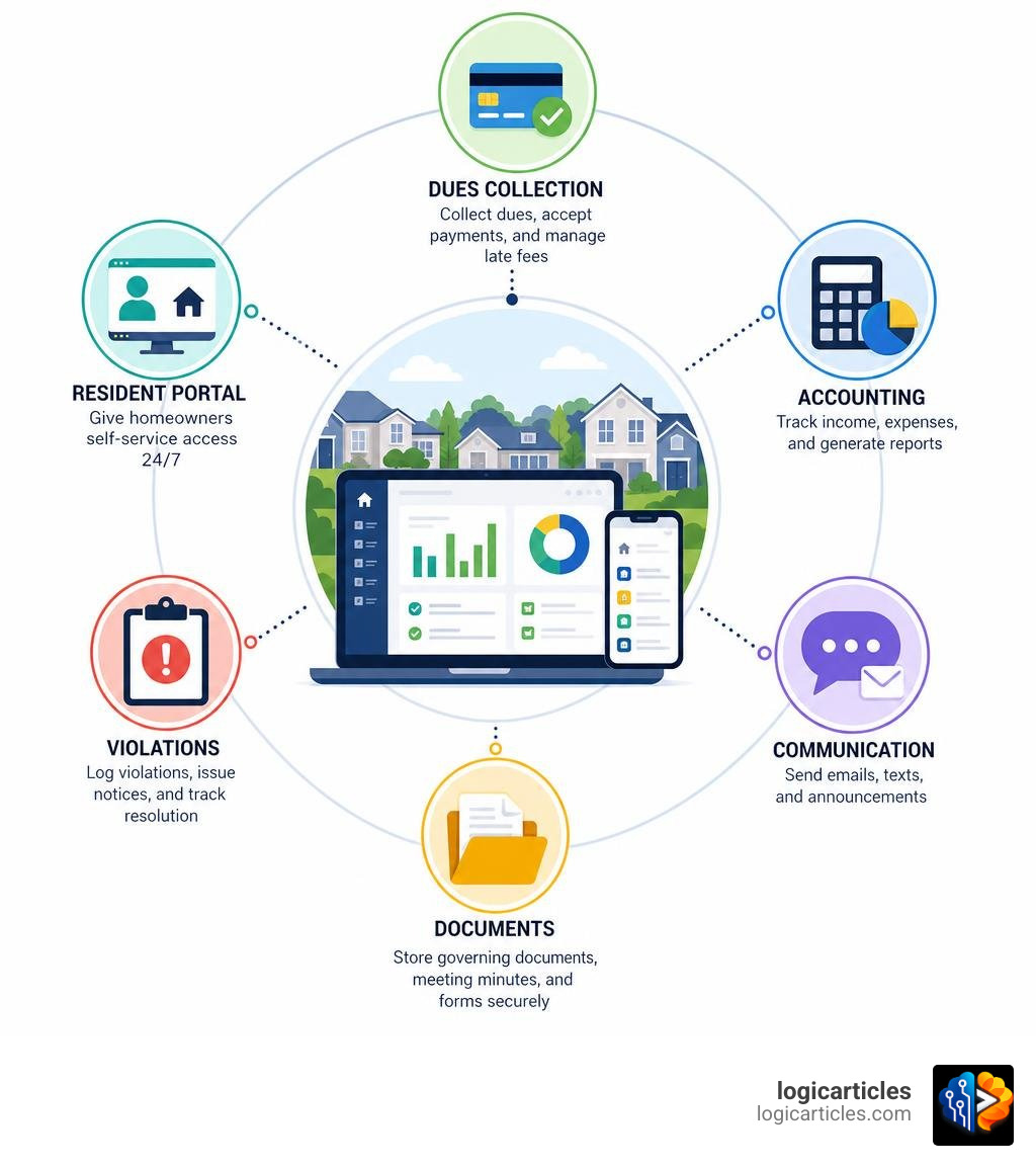 Infographic showing the HOA software ecosystem: dues collection, accounting, communication, documents, violations, and