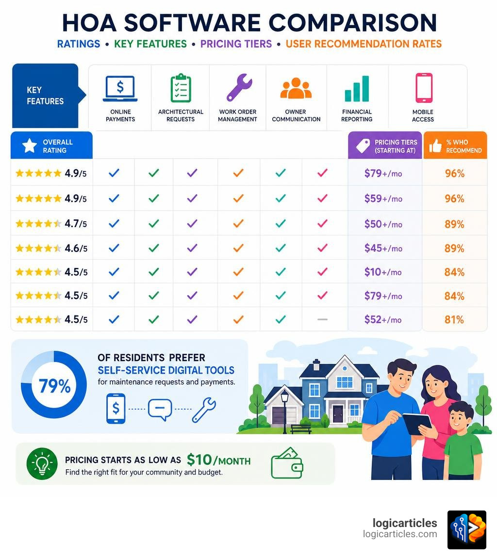 HOA software comparison: ratings, key features, pricing tiers, and user recommendation rates infographic