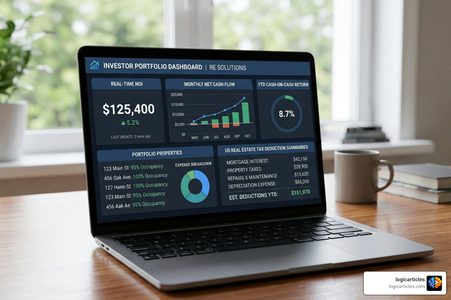 Automated financial dashboard showing real-time NOI, cash flow, and tax deductions