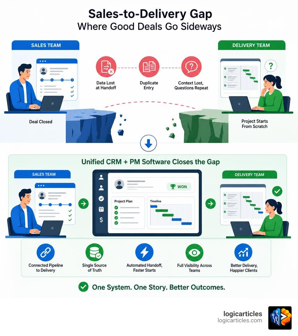 Infographic showing the sales-to-delivery gap: data lost at handoff, duplicate entry, and how unified CRM PM software closes