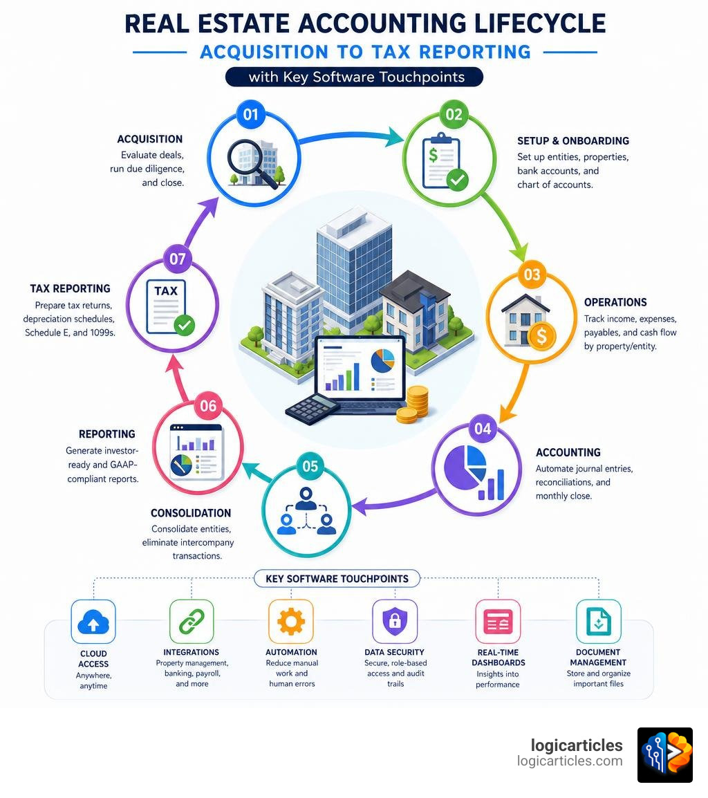 Real estate accounting lifecycle infographic: acquisition to tax reporting with key software touchpoints infographic