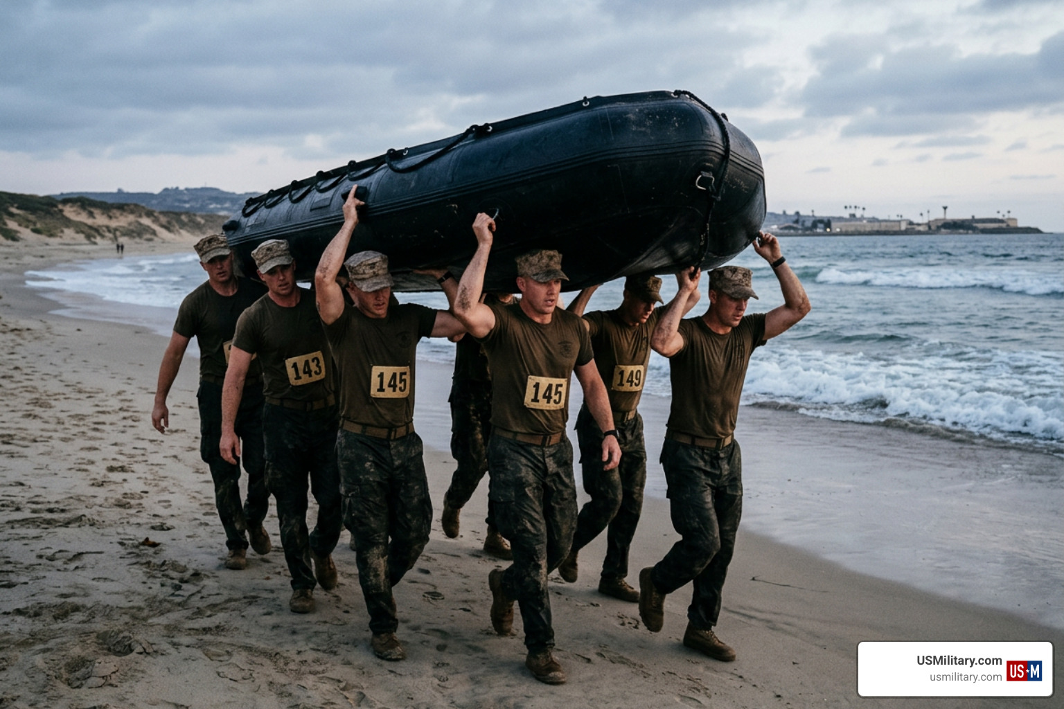 Navy SEAL candidates carrying a heavy rubber boat on their heads during Hell Week Navy SEAL candidates carrying a heavy rubber boat on their heads during Hell Week