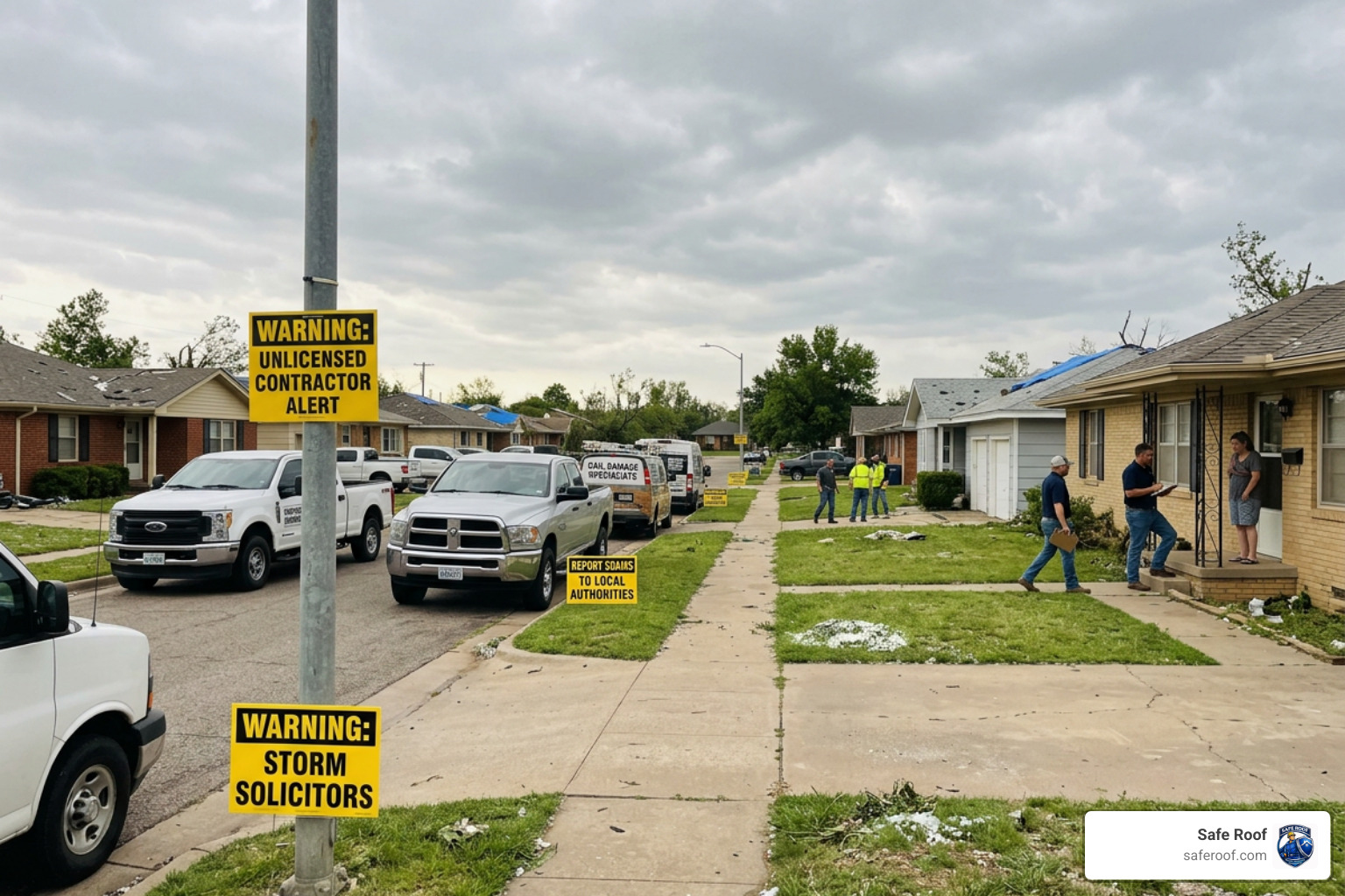 Warning signs of storm chasers on a Texas street
