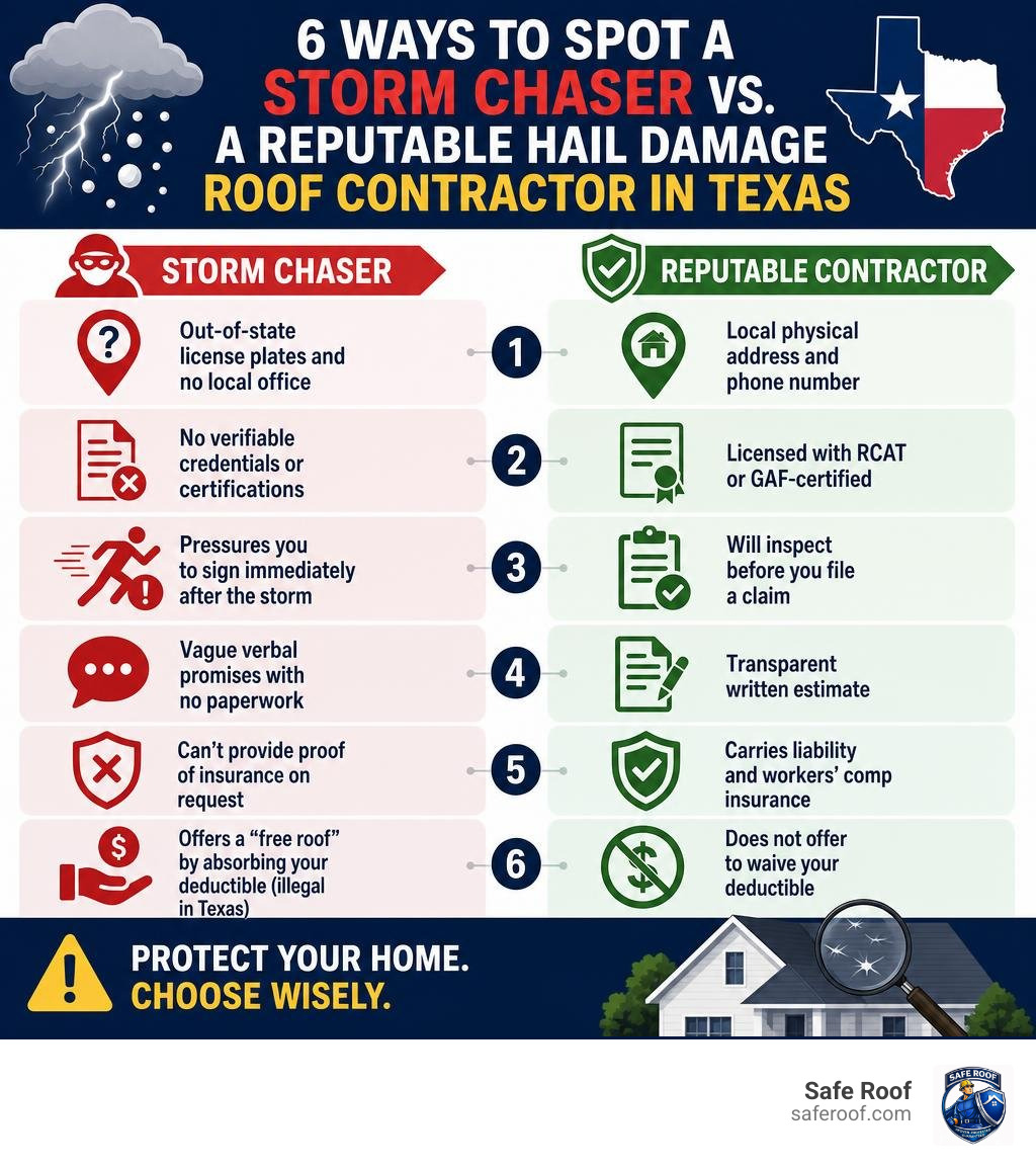 Infographic showing 6 ways to spot a storm chaser vs. a reputable hail damage roof contractor in Texas infographic