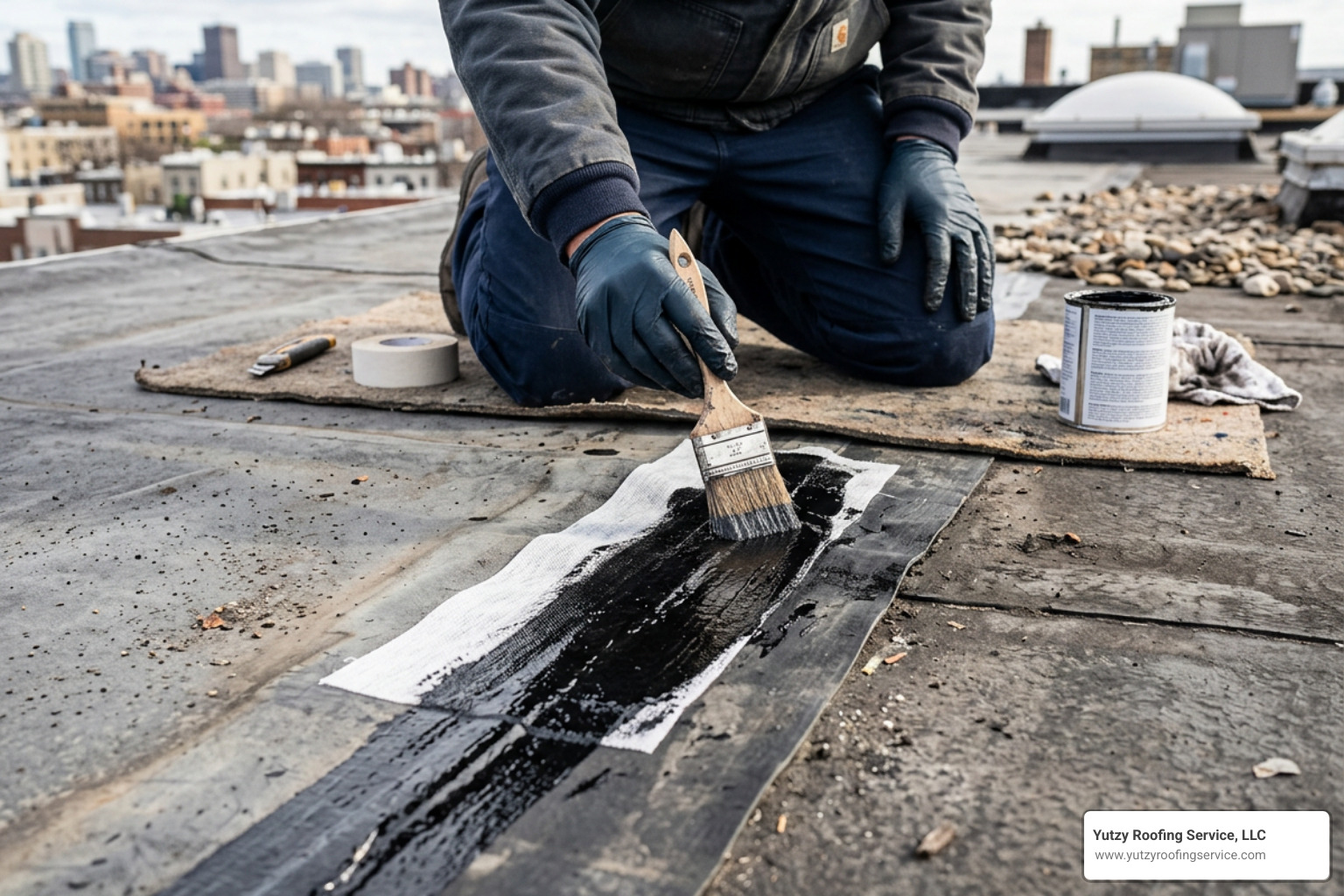 EPDM seam repair showing liquid flashing application EPDM seam repair showing liquid flashing application