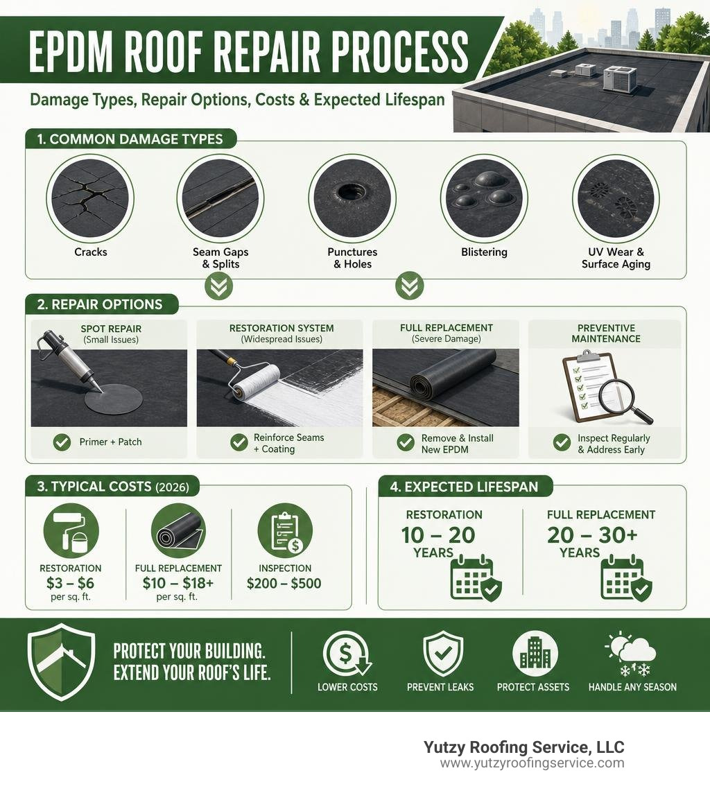 EPDM roof repair process infographic showing damage types, repair options, costs, and expected lifespan infographic EPDM roof repair process infographic showing damage types, repair options, costs, and expected lifespan infographic