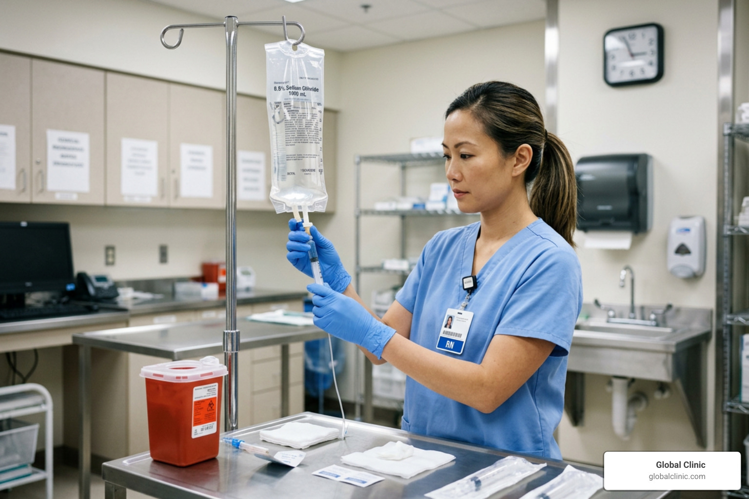 medical professional preparing a sterile IV infusion bag under clinical guidelines